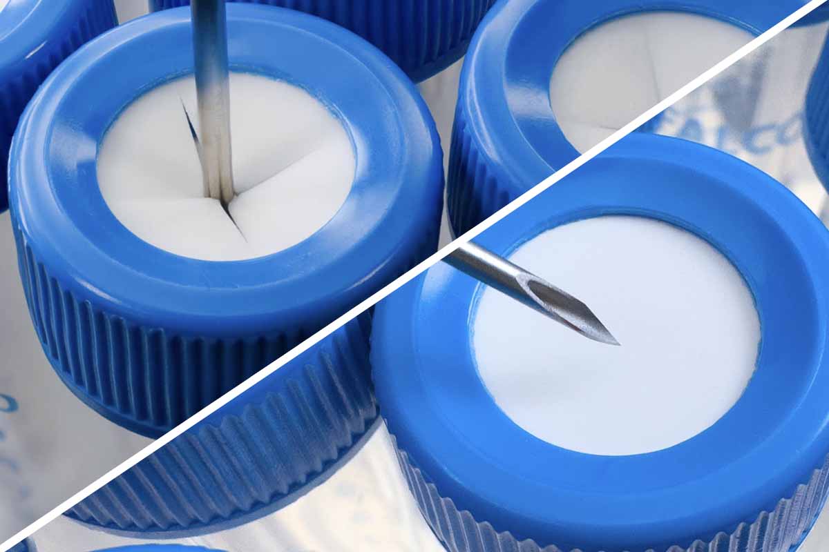 Comparing Needle Penetration in Cross-Cut vs. Uncut Septa C Side-by-side comparison of cross-cut and uncut septa caps. On the left, a needle penetrates a cross-cut septum cap through a pre-sliced X pattern. On the right, a sharp beveled needle prepares to pierce a solid, uncut septum cap.